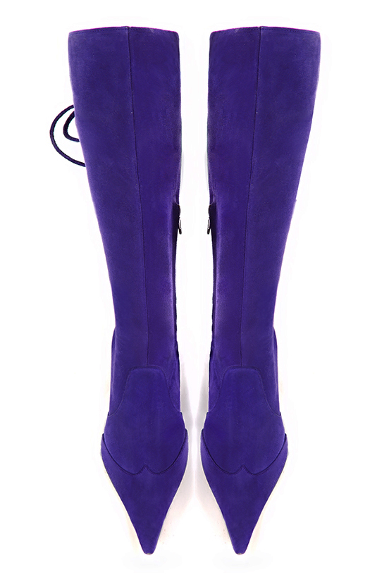 Violet purple women's knee-high boots, with laces at the back. Pointed toe. High block heels. Made to measure. Top view - Florence KOOIJMAN